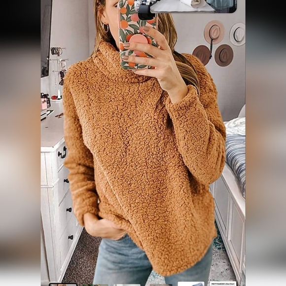 Pretty Garden Tan turtleneck sherpa pull over sweatshirt size M - Picture 1 of 14